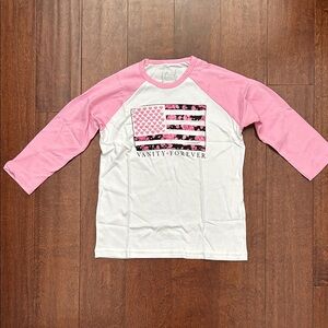Vanity Forever Pink and White Kids Baseball Tee with Pink Flag, Size Large, NWOT